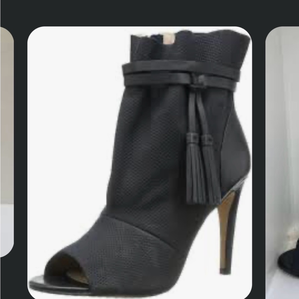 French Connection Quinby Black Leather Peep-Toe Heeled Boots - Picture 1 of 7